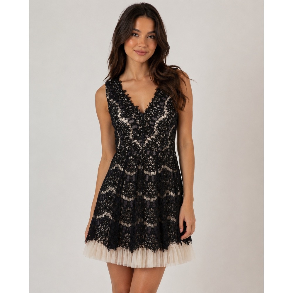Trixxi Black Lace Fit & Flare Dress Small Nude Lined Romantic Cocktail Party
